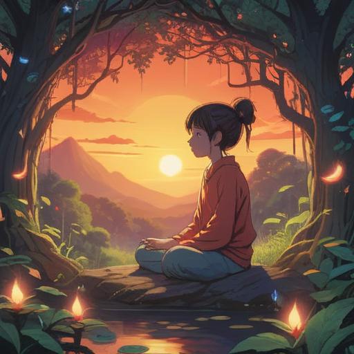 A serene and introspective scene, a person meditating peacefully in nature, surrounded by soft glowing light, representing spiritual awakening, vibrant energy flowing through the body, gentle breeze rustling leaves, lush greenery, tranquil atmosphere, reflections of inner peace, harmonious connection with the universe, 4k