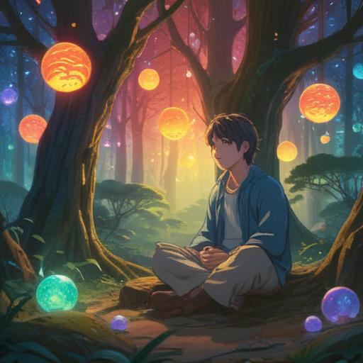A serene illustration of a person sitting in meditation, surrounded by soft glowing orbs, ethereal light filtering through trees, a tranquil setting, subtle signs of fatigue represented by a faint aura, symbols of mindfulness and awareness in the background, calming colors, harmonious atmosphere, spiritual guidance elements, 4k