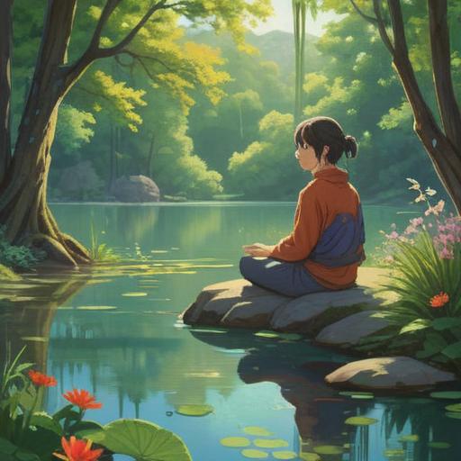 A serene scene depicting a person meditating by a tranquil lake, surrounded by lush greenery and blooming flowers, sunlight filtering through the trees, gentle ripples on the water, soft expression of peace and contentment, a sense of harmony and balance, inviting atmosphere, 4k