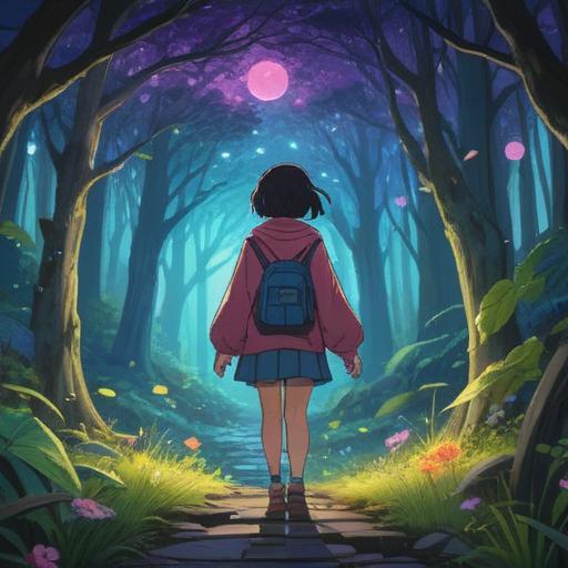 A mystical encounter with a glowing spirit guiding the way, vibrant light emanating from the right side, lush nature surrounding the scene, ethereal symbols in the air, serene atmosphere, a figure experiencing enlightenment, tranquility and hope, soft focus, enchanting landscape, 4k