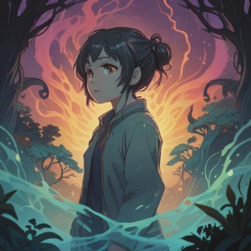 A mysterious and ethereal illustration, depicting a figure looking at their right side with a concerned expression, subtle glow surrounding them, misty ambiance, elements of nature intertwined, symbols of spirituality floating in the air, a gentle play of light and shadow, conveying a sense of unease and revelation, 4k