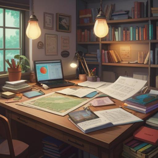A serene, organized desk scene, stacks of neatly arranged papers, a digital tablet displaying charts and graphs, a calm atmosphere, warm lighting, a cozy reading nook in the background, a cup of coffee, meticulous planning, inviting workspace, productivity in focus