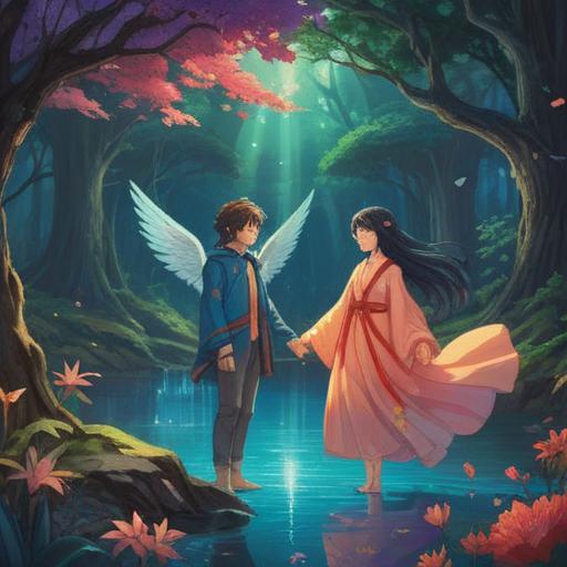 A serene illustration depicting two figures in harmony, surrounded by ethereal light, symbols of balance and unity, representing spiritual connection, nature elements intertwined, mystical aura, peaceful expressions, vibrant colors, dreamlike quality, 4k