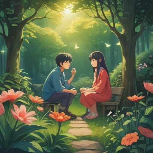 A serene illustration depicting two people in a tranquil garden, engaging in deep conversation, gentle expressions conveying understanding and empathy, soft sunlight filtering through the leaves, a comforting setting that promotes emotional connection, lush greenery surrounding them, calming atmosphere, 4k