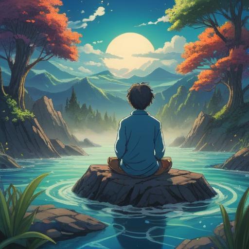 A serene landscape depicting a person in meditation, surrounded by shimmering light, ethereal energy waves emanating, clear blue sky, lush green nature, soft stream flowing, symbols of purification like water and light, spiritual awakening elements, harmonious atmosphere, tranquility and peace, 4k