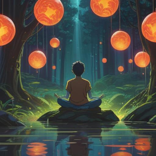 A serene scene of a person meditating in a tranquil nature setting, surrounded by soft glowing orbs of light representing positive energy, gentle flowing water nearby symbolizing purification, ethereal plants and flowers enhancing the spiritual atmosphere, warm sunlight filtering through the trees, a sense of inner peace and harmony, 4k