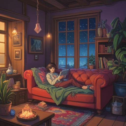 A serene and cozy indoor scene, featuring a person lounging on a comfortable couch, surrounded by soft pillows and a warm blanket, sipping a soothing herbal tea, gentle sunlight filtering through the window, a cozy ambiance with plants in the background, books and calming decorations, a sense of relaxation and comfort, inviting atmosphere, 4k