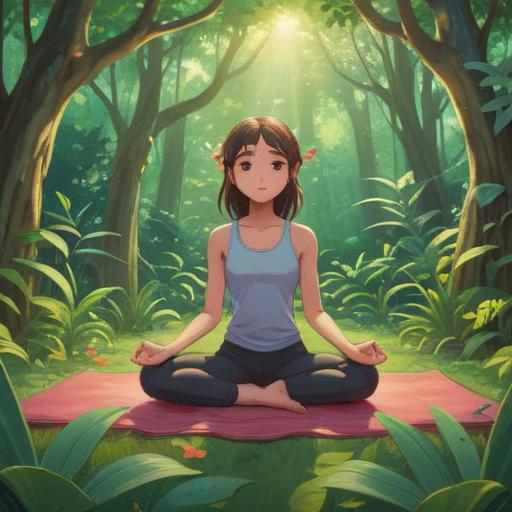 A serene morning scene showing a person practicing yoga in a tranquil garden, gentle sunlight filtering through the trees, lush greenery surrounding, vibrant flowers blooming, a sense of calm and balance, harmonious atmosphere, mindfulness and relaxation, 4k