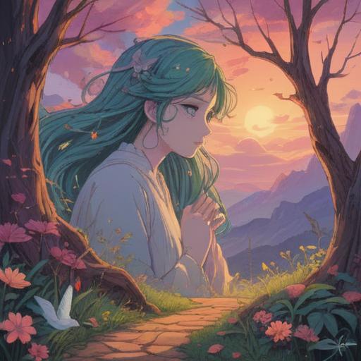 A serene and ethereal illustration, depicting two figures connecting in a mystical landscape, auras intertwining in harmony, soft pastel colors, gentle light illuminating their forms, flowing energy symbols surrounding them, tranquil atmosphere, rich details in the background with celestial elements, representing spiritual connection, 4k