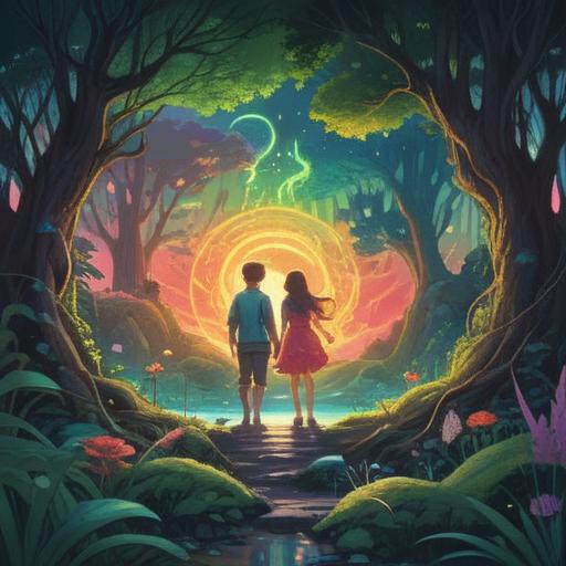A serene illustration representing spiritual connection, two figures harmoniously intertwined, glowing energy emanating between them, nature backdrop with lush greenery, ethereal light illuminating the scene, a sense of peace and unity, symbols of spiritual growth, soft and soothing colors, 4k