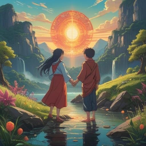 A serene landscape depicting two figures experiencing a deep spiritual connection, radiant light enveloping them, symbols of harmony and balance in the air, ethereal elements reflecting intuition and awareness, gentle embrace, nature surrounding them, vibrant colors representing energy flow, peaceful ambiance, soft focus on their expressions, 4k