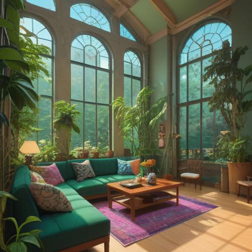 A serene indoor space designed for harmony, soft natural light streaming through large windows, lush green plants adorning the corners, a comfortable meditation area with cushions and a soft rug, earthy color palette, calming water elements like a small fountain, inviting atmosphere, minimalistic decor for mindfulness, a sense of tranquility and balance, 4k