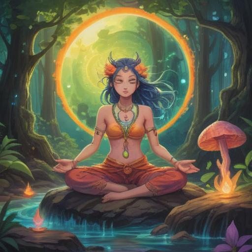 A serene and ethereal illustration representing the spiritual connection between body and soul, harmonious energy flow, vibrant chakras aligned, tranquil nature backdrop, soft light illuminating the scene, meditative figure in deep contemplation, symbols of balance and unity, peaceful atmosphere, 4k