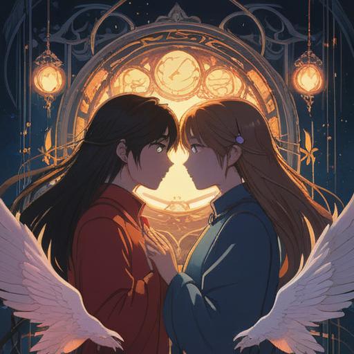A serene and harmonious illustration depicting two silhouettes embracing, soft glowing lights surrounding them, ethereal symbols representing spiritual connection, gentle flow of energy between their bodies, colorful auras intermingling, tranquil nature backdrop, peaceful atmosphere, symbolism of balance and unity, 4k