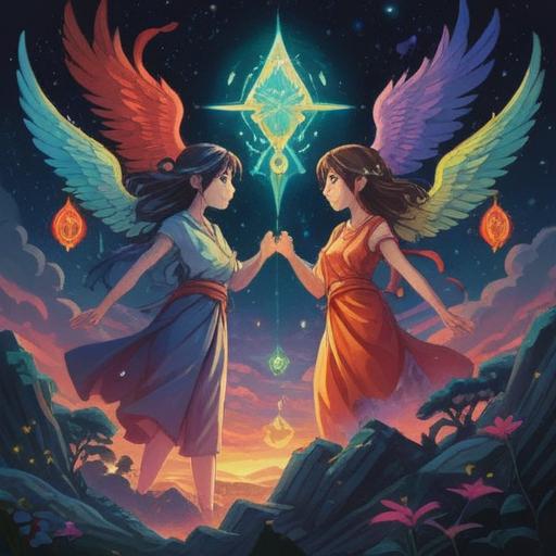 A mystical illustration depicting spiritual signs related to physical compatibility, intertwined energies flowing between two figures, vibrant aura surrounding them, symbols of connection and harmony in the background, ethereal light and soft shadows, serene atmosphere, detailed facial expressions, 4k