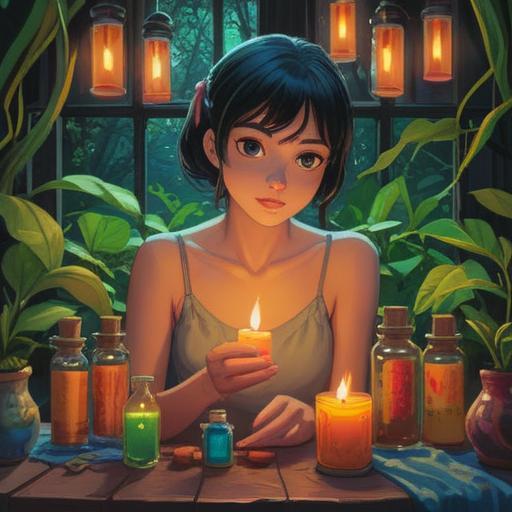 A serene setting, a woman surrounded by various essential oil bottles, the soft glow of candlelight, lush green plants in the background, an atmosphere of tranquility and well-being, aromatic herbs and flowers, warm colors, inviting space, peaceful expression, harmonious balance, 4k