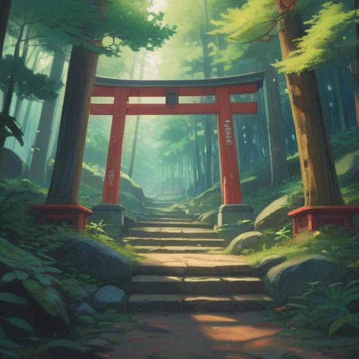A serene illustration of the Misono Shrine, tranquil forest surroundings, ethereal light filtering through the trees, symbolic significance of spirituality and connection to nature, traditional Japanese architecture, peaceful atmosphere, vibrant greenery, deep blue sky, harmonious coexistence with nature, 4k