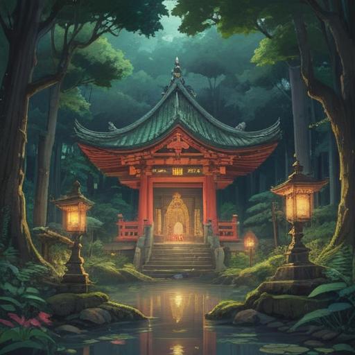 A serene depiction of the Misogi Shrine, surrounded by lush greenery, spiritual symbols, tranquil atmosphere, sacred rituals being performed, the presence of traditional torii gates, soft morning light filtering through the trees, an inviting path leading to the shrine, spiritual energy radiating, 4k