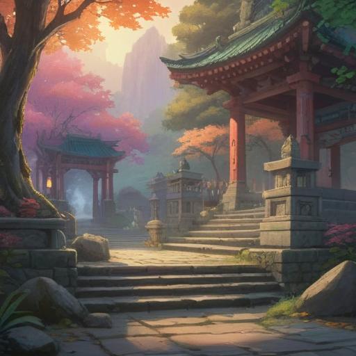 A serene and mystical scene at the Misogi Shrine, ethereal light filtering through ancient trees, subtle signs of spiritual energy, detailed stone pathways leading to the shrine, vibrant foliage surrounding the sacred grounds, quiet meditative ambiance, symbols of spirituality gently illuminated, harmonious connection with nature, 4k