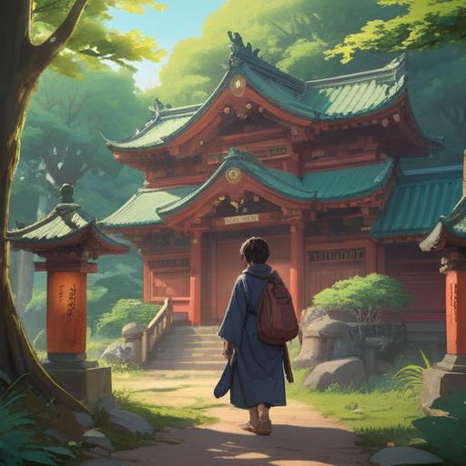 A serene scene depicting a visitor at Misogi Shrine holding a lucky charm, soft sunlight filtering through the trees, traditional shrine architecture in the background, vibrant colors of the charm, a sense of tranquility and hope, detailed textures of nature, cultural significance, peaceful atmosphere, 4k