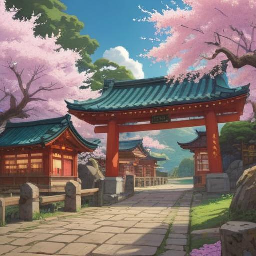 A serene illustration of the visit to Mizusuki Shrine, tranquil atmosphere, subtle hints of luck symbolized by falling cherry blossoms, soft sunlight filtering through tree leaves, visitors with joyful expressions, traditional Japanese architecture, rich cultural details, harmonious natural surroundings, 4k