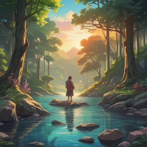 A serene landscape featuring colorful spiritual stones, gentle rays of sunlight filtering through trees, a tranquil river reflecting the sky, meditative figure in a peaceful pose, lush greenery surrounding, soft textures, healing energy vibes, 4k