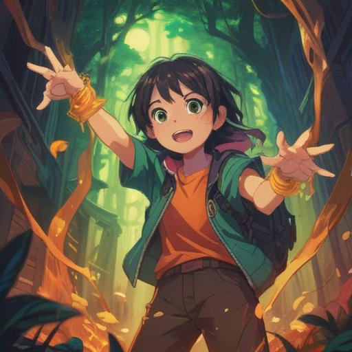 A dynamic scene depicting an unexpected lucky moment, a person with a surprised expression discovering an unexplained cut on their arm, sunlight streaming through the trees, vibrant colors highlighting their surroundings, a sense of adventure and mystery in the air, detailed facial expressions, hints of magical elements surrounding the character, 4k