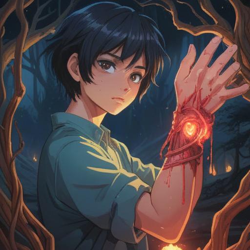 A mysterious scene depicting an individual examining an unusual wound on their arm, ethereal light illuminating the wound, surrounded by symbolic spiritual elements like feathers and auras, calm and reflective atmosphere, vibrant colors representing positive energy, hint of nature in the background, 4k