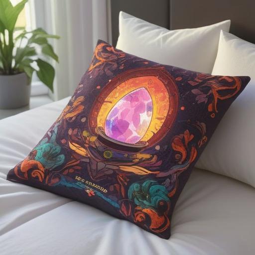 A soothing and mystical illustration of a lucky stone with vibrant colors, gently glowing aura, sitting on a soft pillow, surrounded by calming herbs and flowers, depicting a serene ambiance, emanating healing energy, inviting atmosphere, intricate details, 4k