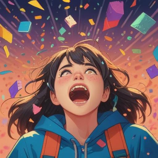 A whimsical scene depicting a person joyfully celebrating after wisdom teeth extraction, confetti falling from above, beaming with a playful expression, colorful balloons surrounding, friends cheering in the background, vibrant colors, lighthearted atmosphere, 4k