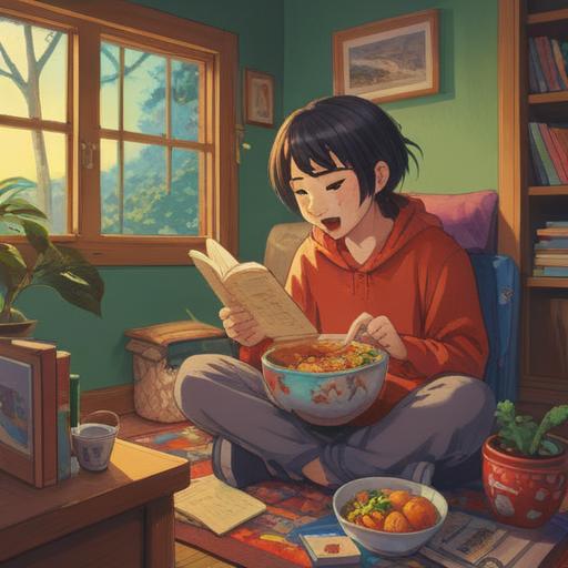 A cheerful scene depicting a person relaxing in a cozy home environment after wisdom tooth extraction, enjoying a bowl of soup and reading a book, warm sunlight streaming through the window, a soft blanket draped over the couch, tranquil atmosphere, gentle smile, subtle kitchen background, 4k