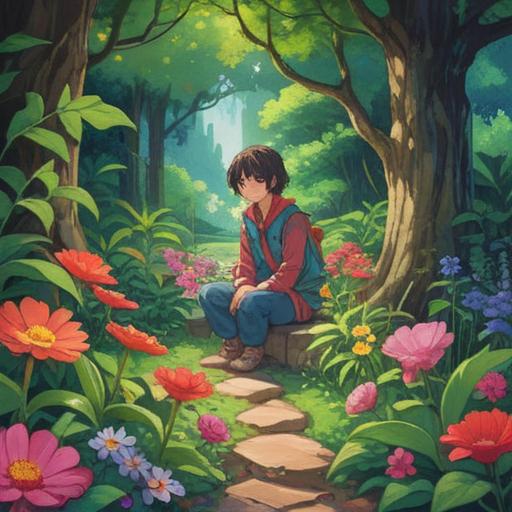 A serene illustration of a person sitting in a peaceful garden, surrounded by vibrant flowers and greenery, feeling a sense of relaxation and healing, gentle sunlight filtering through the leaves, mindfulness and self-care theme, calm expression, cozy atmosphere, promoting emotional and physical well-being, 4k