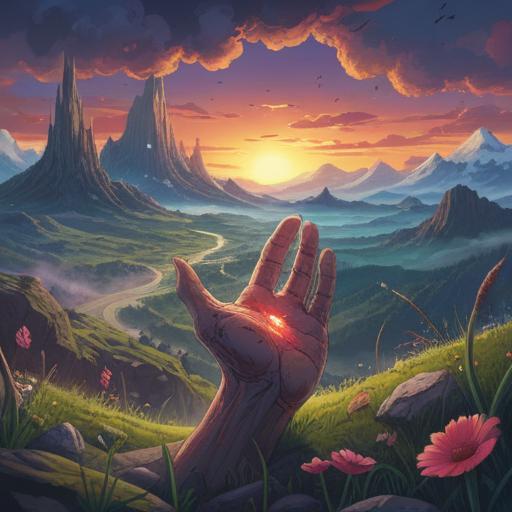 A surreal illustration depicting a wounded thumb, symbolic elements surrounding the injury, ethereal light emanating from the injury, a dreamlike landscape in the background, metaphysical symbols intertwined with nature, reflective and introspective mood, vibrant colors, 4k