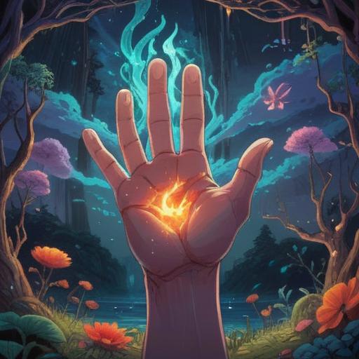 A mystical scene depicting the symbolic healing of a thumb injury, vibrant colors, light illuminating the thumb, delicate hands cradling a glowing orb, ethereal nature background with softly glowing flowers, peaceful atmosphere, spiritual energy flowing, representation of inner strength and transformation, 4k