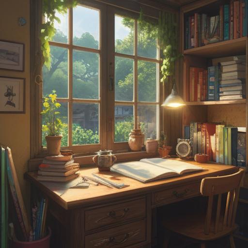 A serene and organized workspace, neatly arranged notebooks and stationery, a cup of tea, warm sunlight streaming through the window, a calm atmosphere, thoughtful reflections, perfect for productivity, 4k