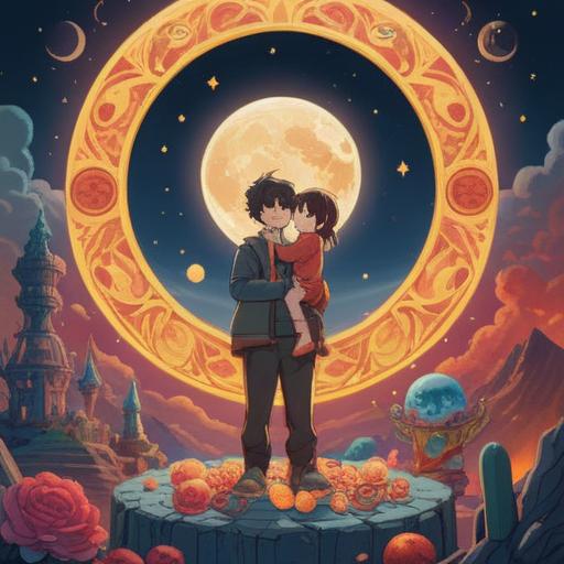 A serene illustration of a parent and child celebrating their birthday together, surrounded by spiritual symbols like sun, moon, and stars, a gentle glow illuminating their faces, harmonious atmosphere, deep connection and love, colorful birthday decorations, symbolic unity, soft expressions, 4k