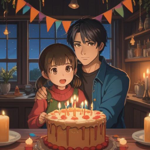 A serene scene depicting a parent and child celebrating their shared birthday, candles glowing softly on a cake, a warm and inviting atmosphere, spiritual symbols subtly incorporated into the background, such as a gentle aura surrounding them, vibrant colors representing joy, a moment of connection and love, ethereal light illuminating their faces, 4k