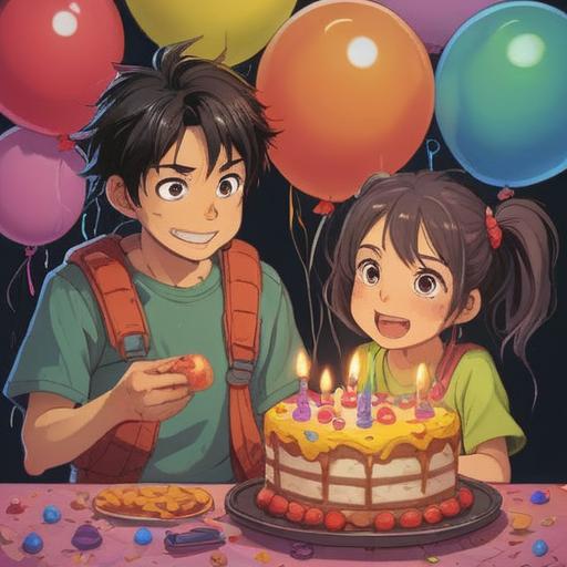 A heartwarming scene of a parent and child celebrating their shared birthday, joyful expressions, decorated cake with matching candles, cheerful balloons in the background, cozy living room setting, warm lighting, sense of togetherness and celebration, 4k