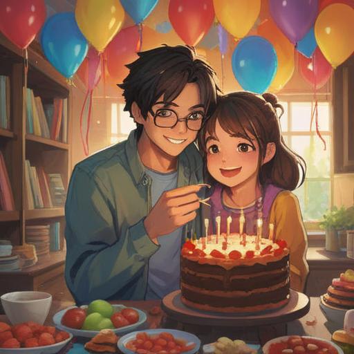 A heartwarming scene of a parent and child celebrating a birthday together, joyful expressions on their faces, colorful balloons and a birthday cake, a cozy living room filled with decorations, light streaming through the window, a strong sense of love and connection, vibrant atmosphere, capturing the special bond and energy of the moment, 4k