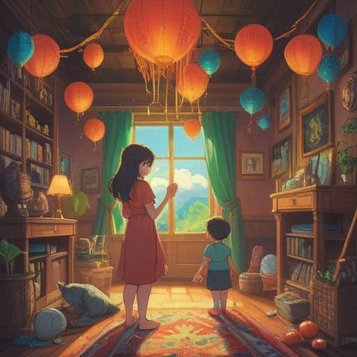 A serene illustration of a parent and child celebrating together, vibrant birthday decorations, spiritual symbols subtly woven into the background, warm sunlight illuminating their joyful faces, the bond represented through intertwined trees, calming colors, a sense of unity and connection, 4k