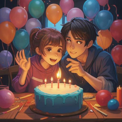 A heartwarming scene of a parent and child celebrating their shared birthday month, surrounded by candles and balloons, mystical symbols in the background, an ethereal glow illuminating their faces, signs of spiritual connection represented by shimmering stars, gentle embrace, joyful expressions, harmonious energy, 4k