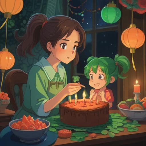 A heartwarming scene of a mother and child celebrating their shared birthday month, surrounded by lucky items like a four-leaf clover, a lucky cat, and birthday balloons, joyful expressions on their faces, festive decorations in the background, warm and inviting atmosphere, vibrant colors, 4k