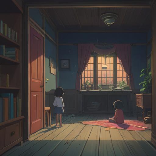 A tense and emotional scene depicting a parent and child standing apart in a dimly lit room, expressions of sadness and frustration on their faces, ethereal light surrounding them to symbolize spiritual disconnection, ghostly figures representing unresolved issues hovering in the background, a broken clock to signify lost time, soft shadows enhancing the atmosphere, 4k