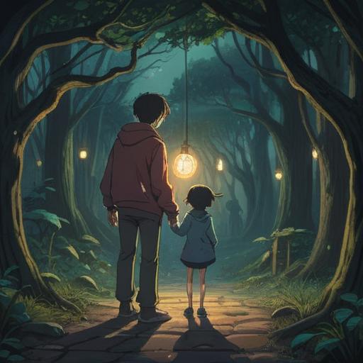 A thought-provoking scene depicting a strained parent-child relationship, dark and gloomy atmosphere, subtle spiritual symbols in the background, fractured family bond, signs of emotional distance, unsettling expressions on characters' faces, reflective and introspective mood, vibrant yet melancholic color palette, 4k