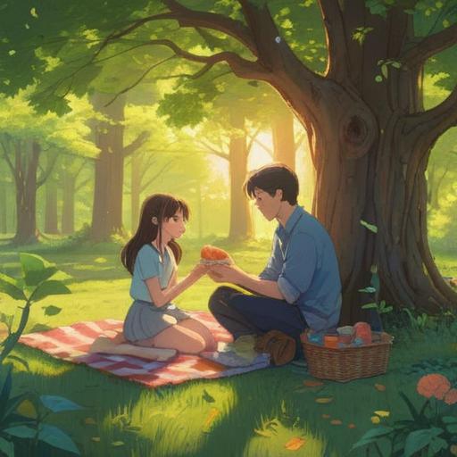 A serene family scene depicting a parent and child engaging in meaningful conversation, warm sunlight filtering through trees, a cozy picnic setup on a grassy field, genuine smiles and laughter, moments of connection and understanding, heartwarming expressions, peaceful nature surrounding them, 4k