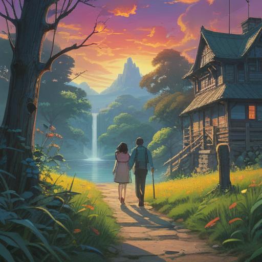 A symbolic illustration depicting the spiritual meaning of abandoning parents, a figure in a serene landscape, ethereal light surrounding them, contrasting emotions of freedom and sorrow, blossoming cherry trees symbolizing renewal, a gentle river representing life's flow, deep contemplation in the character's expression, 4k