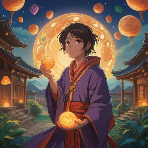 A mystical scene depicting a person holding a lucky stone under a bright sky, surrounded by glowing symbols of fortune, radiant colors reflecting hope and positivity, a serene landscape in the background, the character showing determination and peace, energy radiating from the stone, symbolism of transformation and new beginnings, 4k