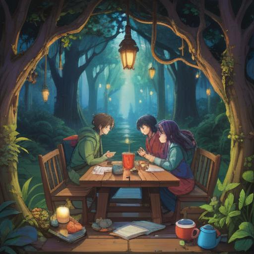 A serene scene depicting a peaceful gathering of diverse individuals sharing ideas, surrounded by nature, a large table with notebooks and cups of tea, sunlight filtering through trees, harmonious atmosphere, soft colors, detailed expressions, 4k