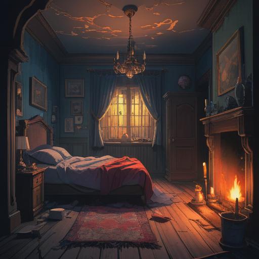 A hauntingly beautiful illustration of a darkened room, flickering candlelight casting eerie shadows, ghostly figures appearing in the background, a sense of foreboding in the air, symbolic elements like wilted flowers and broken clocks, an emotional atmosphere filled with sorrow and anticipation, capturing the feeling of impending loss, 4k