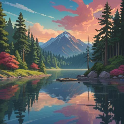 A serene nature scene, a tranquil lake reflecting the sky, a peaceful forest surrounding the water, a person meditating by the shore, gentle ripples in the water, soft sunlight filtering through the trees, vibrant greenery, a sense of calm and mindfulness, 4k